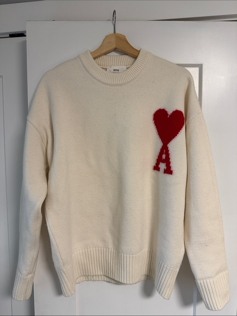 Ami Cream Crewneck Sweater with Red Heart 'A' Motif